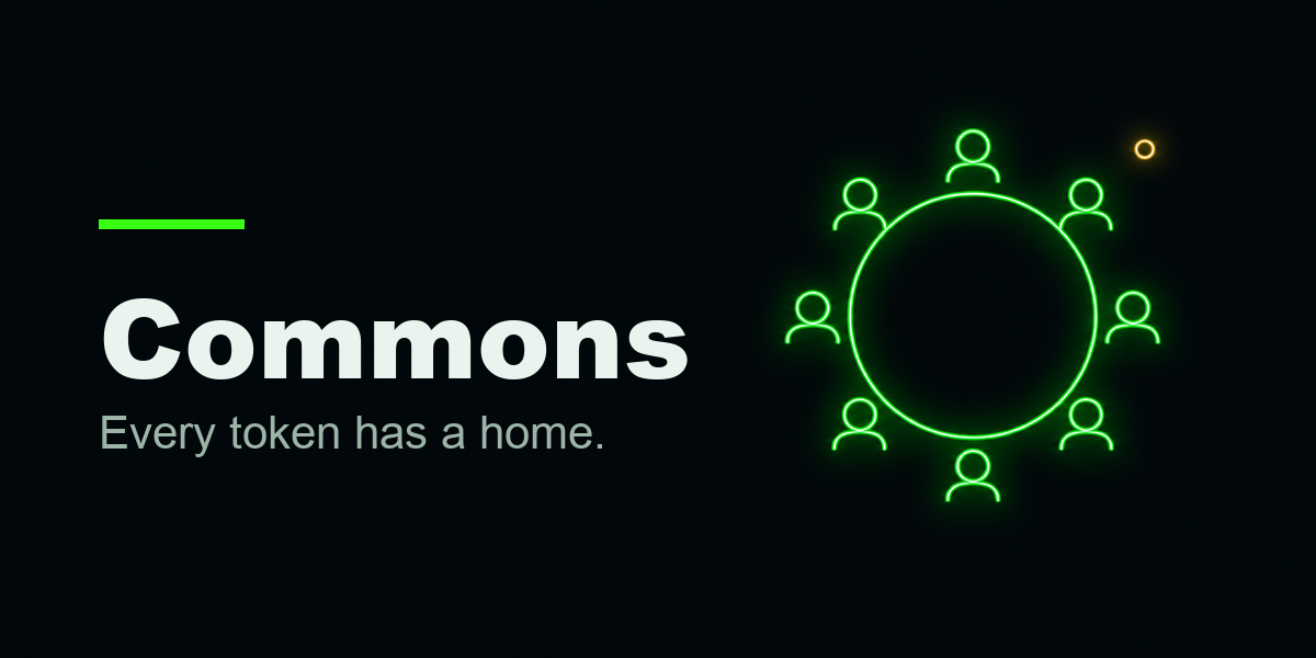 Commons brand banner with the Commons name and slogan over dark green brand artwork