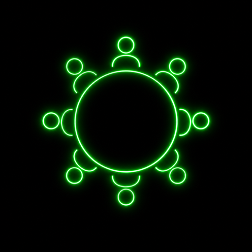 Commons logo — a neon outline of a round gathering table with figures seated around it