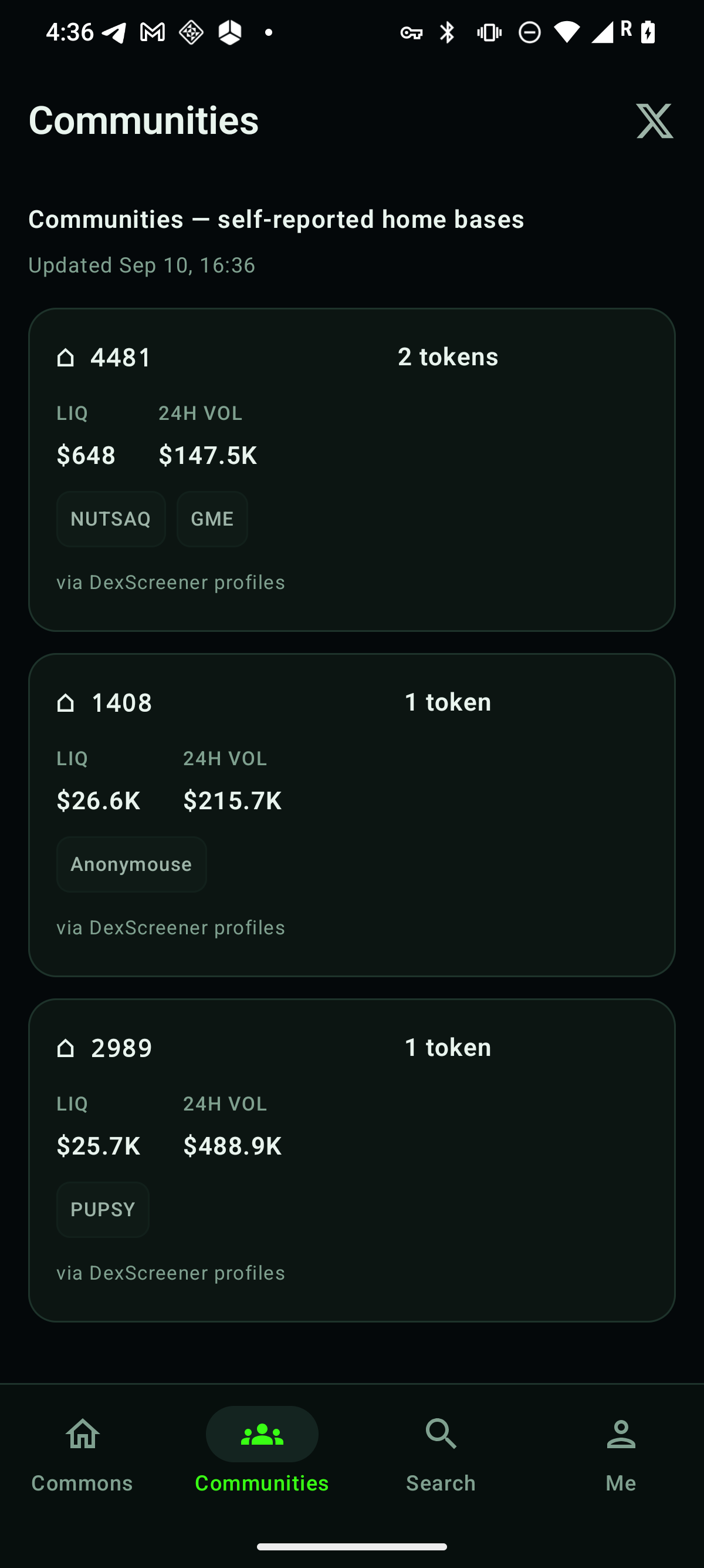Commons app screenshot: the Communities board ranking linked X Communities by token count with aggregate liquidity and 24-hour volume