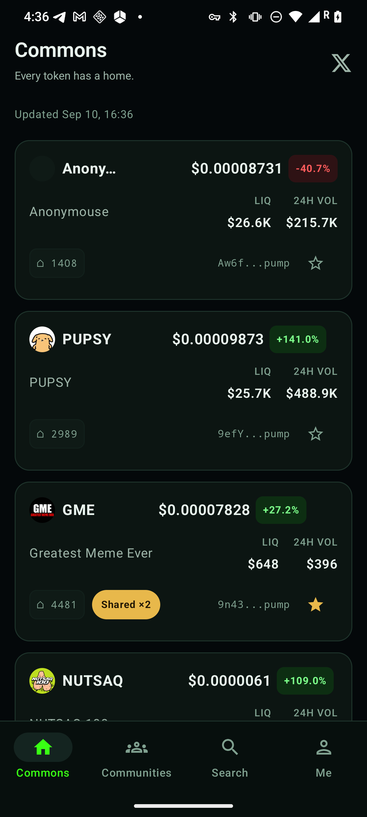 Commons app screenshot: the feed tab listing community-linked Solana tokens with prices, 24-hour change chips, community chips, and a gold Shared ×2 badge