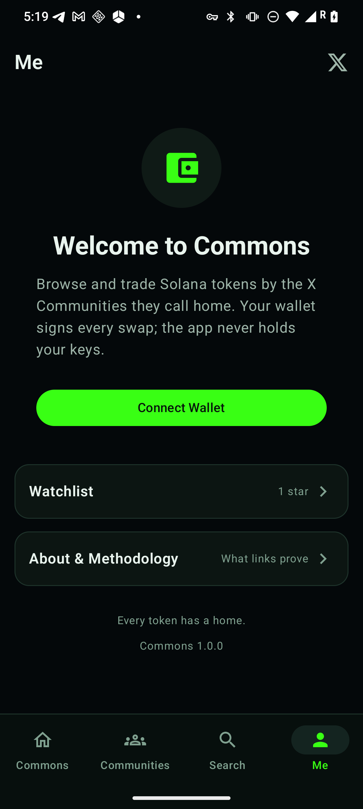 Commons app screenshot: the Me tab with a Connect Wallet button, a watchlist entry showing one star, and an About and Methodology entry
