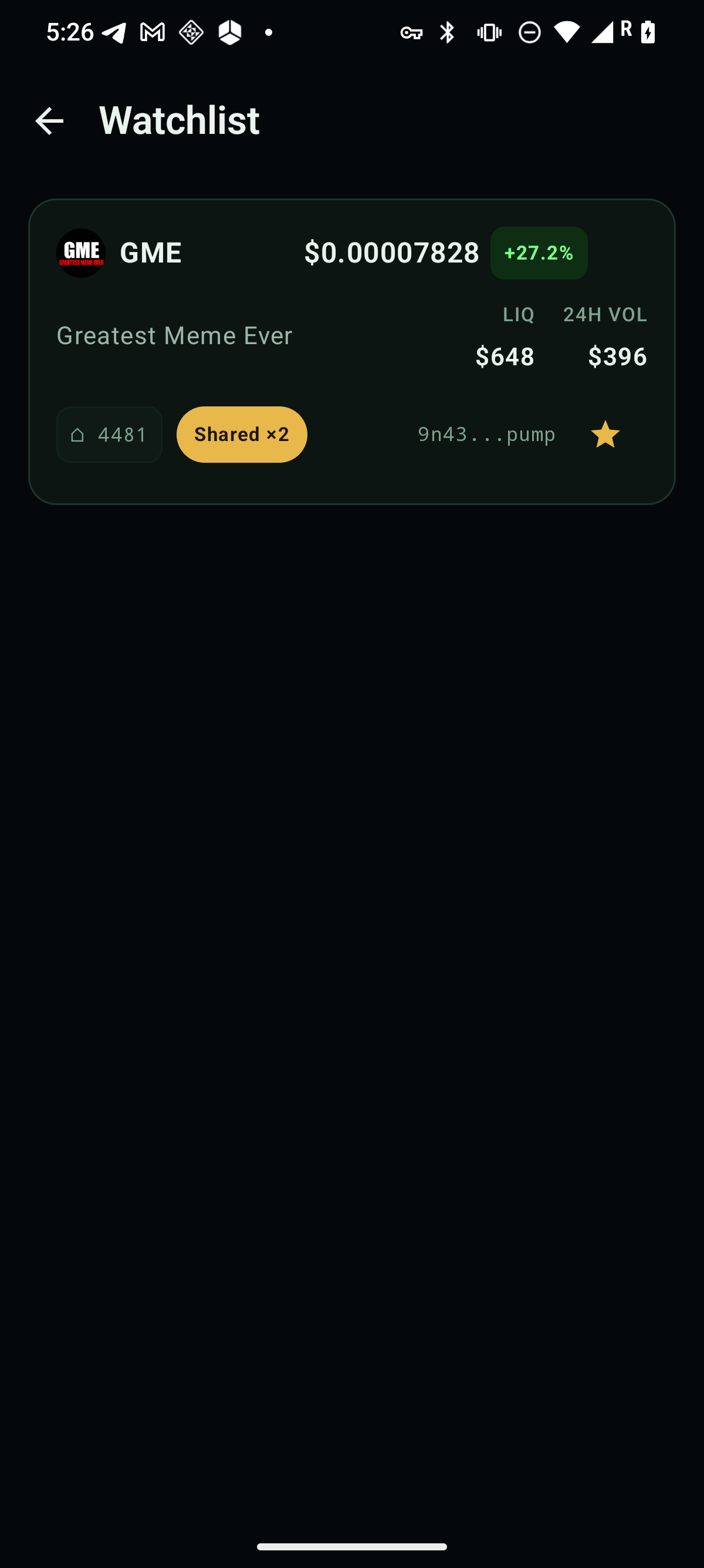 Commons app screenshot: the watchlist showing one starred token with its live price, 24-hour change, community chip, and gold star